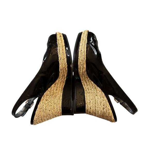 Stuart Weitzman Black Patent Leather Peep Toe Slingback Wedge Sandals Size 8M - Picture 3 of 9
